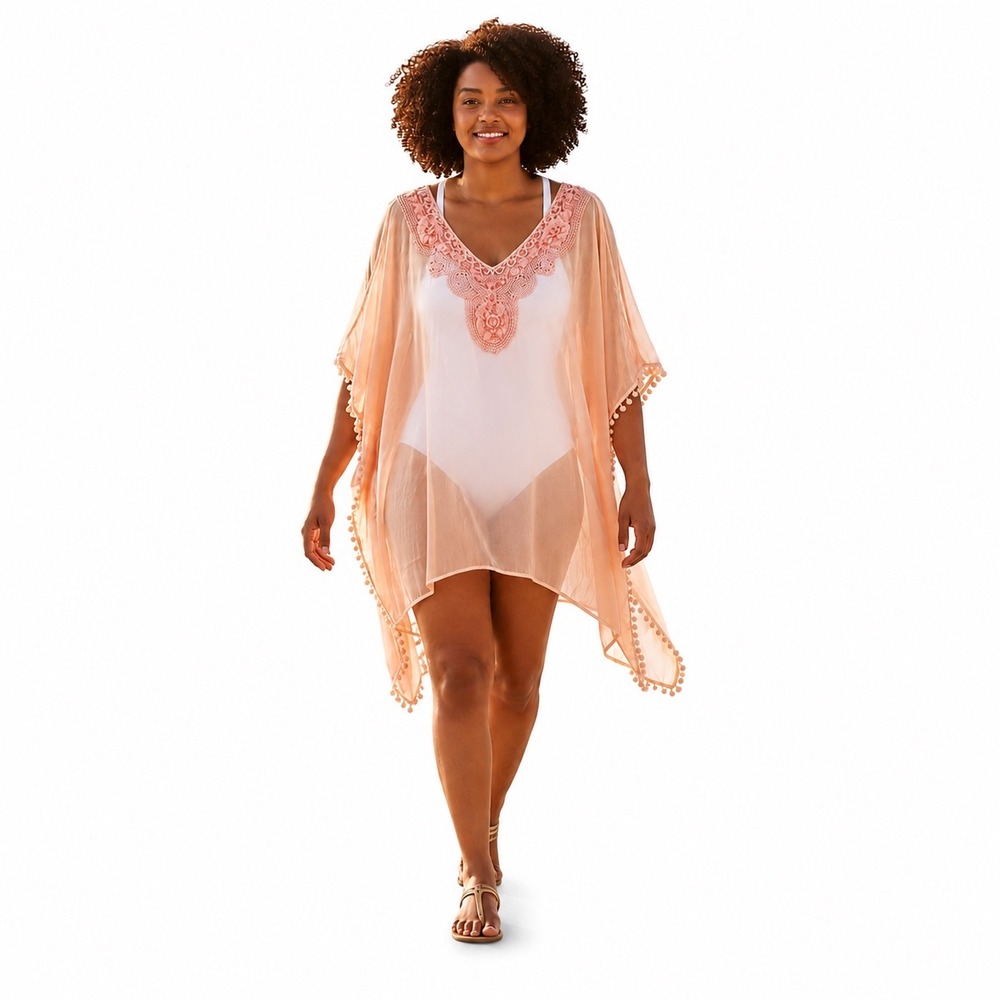 Peach Swim Cover Up Viscose Kaftan Tunic Crochet Lace Boho Beach One Size resort